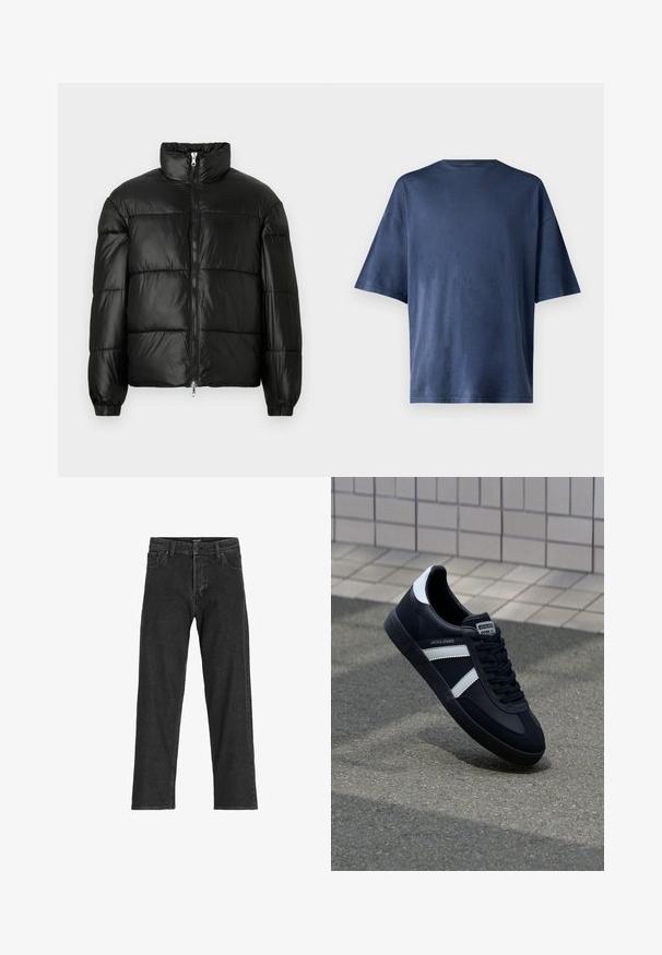 Crna puffer jakna s visokim ovratnikom, zatvaranjem na zip, quilted dizajnom, elastičnim manžetama i sjajnim, glatkim materijalom.; Mornarsko plava kratka majica s kratkim rukavima, izrađena od mekog materijala, ima klasičan okrugli izrez i ležeran kroj, bez vidljivih uzoraka ili naglasaka.; Crne traperice s ravnim krojem, s patentnim zatvaračem, petljama za pojas i šest džepova, izrađene od čvrste mješavine pamuka.; Crne kožne tenisice s bijelim prugama, strukturirana gumena potplate i vezanjem sprijeda. Ima oznaku brenda na jeziku.