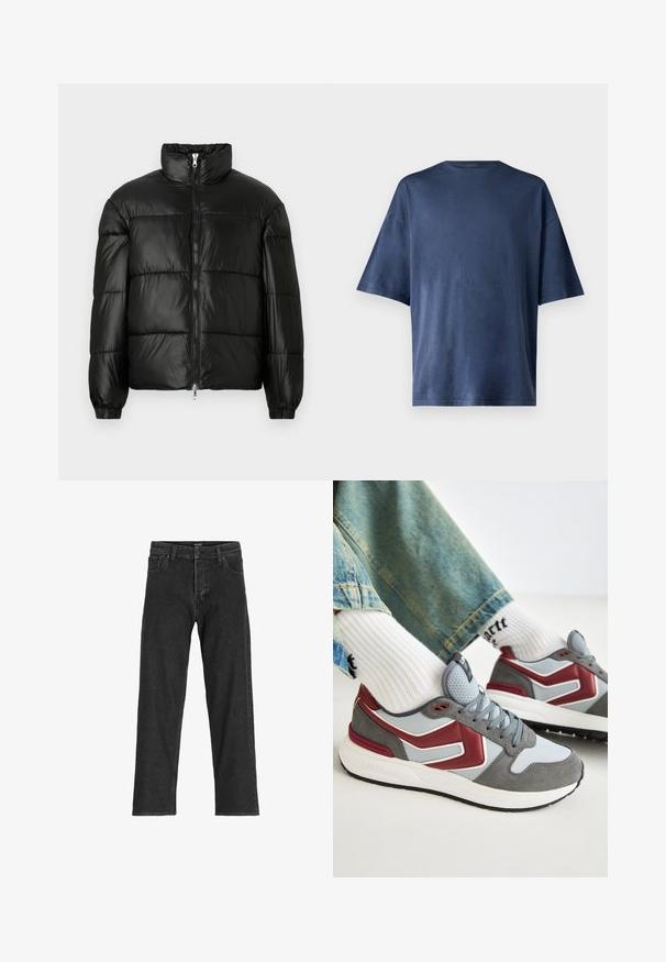 Must mustaga jakker, millel on kõrge krae, luku esikinnitus, tikanditud disain, elastsed mansetid ja läikiv, sile kangast viimistlus.; Tumesinine lühikeste varrukatega T-särk, valmistatud pehmest kangast, omab klassikalist ümarat kaelust ja mugavat lõiget, ilma nähtavate mustrite või aktsentideta.; Mustad siidist teksad, sirge jalgadega disainiga, tõmbluku ja vöödega, kuue taskuga, valmistatud tugevast puuvilla ja sünteetilise kiu segust.; Hallitusjalatsid, millel on hall nahk ja võrk, punased aktsendid ja pehmendatud valge tald. Ribbiga valged sokid on osaliselt nähtavad.