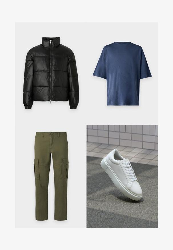 Casaco puffer preto com gola alta, fecho frontal em zíper, design acolchoado, punhos elásticos e acabamento de tecido brilhante e suave.; T-shirt azul marinho de manga curta, feito de tecido suave, apresenta um colarinho redondo clássico e um corte descontraído, sem padrões ou realces visíveis.; Calças cargo verde-oliva em algodão, com vários bolsos laterais, pernas retas e fecho de botão na cintura.; Tênis de couro branco com superfície lisa, bico redondo e cadarços brancos planos. Apresenta uma sola de borracha texturizada e elementos de design minimalistas.