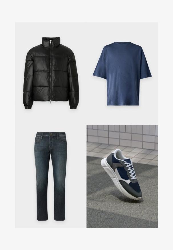Must mustaga jakker, millel on kõrge krae, luku esikinnitus, tikanditud disain, elastsed mansetid ja läikiv, sile kangast viimistlus.; Tumesinine lühikeste varrukatega T-särk, valmistatud pehmest kangast, omab klassikalist ümarat kaelust ja mugavat lõiget, ilma nähtavate mustrite või aktsentideta.; Tumed sinised teksad sirge lõikega. Omadusteks on eesmine taskud, metallne nööp sulgemiseks ja pehme kulumine. Klassikaline viie tasku disain.; Sneaker, mille sinine võrkkangas, hallid nubukdetailid, valge kummitald ja lamedad valged paelad, disainitud mugavuseks ja hingavuseks.