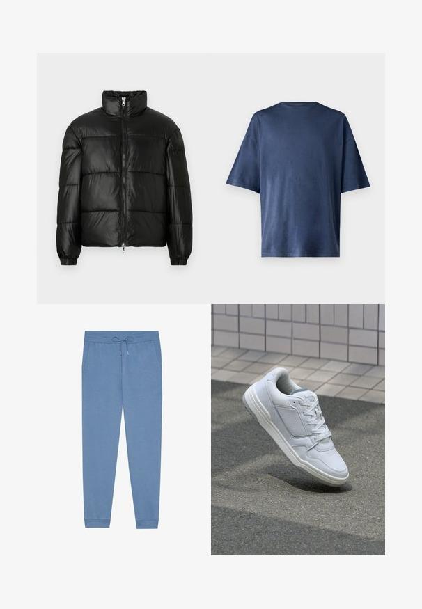 Juodas pūkinis švarkas su aukštu apykakle, užtrauktuko priekyje, siuvinėtu dizainu, elastingais rankogaliais ir blizgia, lygiąja audinio apdaila.; Tamsiai mėlynas trumpomis rankovėmis marškinėliai, pagaminti iš minkštos medžiagos, pasižymi klasikinio apvalaus kaklo ir laisvo kirpimo, be matomų raštų ar akcentų.; Šviesiai mėlynos sportinės kelnės, pagamintos iš minkštos medžiagos, su elastinga juosmens juosta ir raišteliu, šoninėmis kišenėmis ir siaurėjančiomis kelnių apačiomis.; Baltos odinės sportinės bateliai su perforuotais šonais, tekstūruotais akcentais, plokščiomis raištelėmis ir kontrastingu pilku kulnu. Yra šiek tiek pakelti padas.