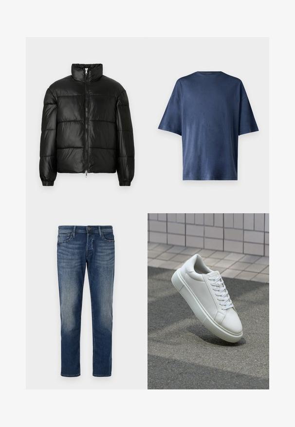 Črna pufasta jakna z visokim ovratnikom, z zadrgo spredaj, prešito zasnovo, elastičnimi manšetami in sijočim, gladkim zaključkom tkanine.; Temno modra kratka majica s kratkimi rokavi, izdelana iz mehkega materiala, ima klasičen kroj ovratnika in sproščen fit, brez vidnih vzorcev ali poudarkov.; Temno modri jeans z klasičnim krojem, zasnovo s petimi žepi, subtilnim zbledanjem na stegnih in ravnim krojem nog. Zaponka z metalnim gumbom.; Bela usnjena teniska obutev z gladko površino, okroglo konico in ravnimi belimi vezalkami. Ima teksturiran gumijast podplat in minimalne oblikovalske elemente.