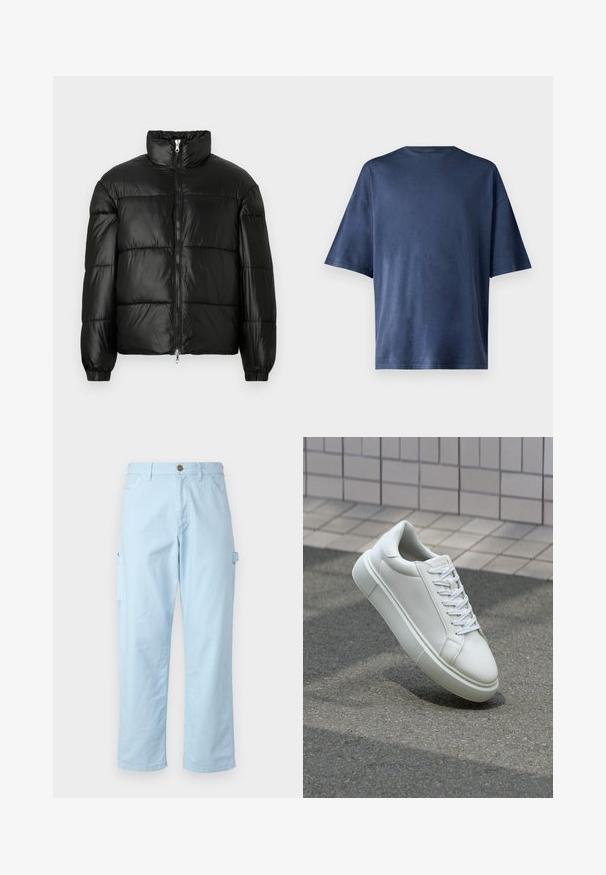 Black puffer jacket with a high collar, zip front closure, quilted design, elastic cuffs, and shiny, smooth fabric finish.; Navy blue short-sleeve T-shirt, made of soft fabric, features a classic crew neck and relaxed fit, with no visible patterns or accents.; Light blue cargo pants made of soft cotton with a straight cut, featuring side pockets and a button closure at the waist.; White leather sneaker with a smooth surface, round toe, and flat white laces. Features a textured rubber sole and minimal design elements.
