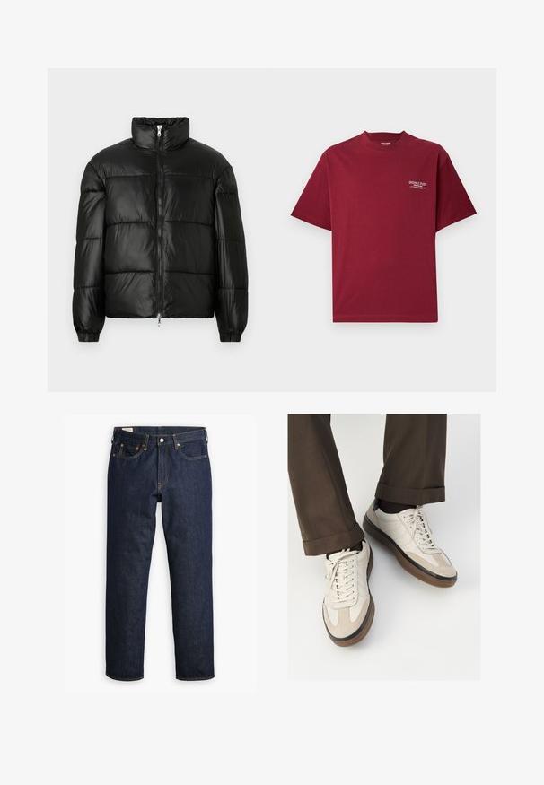 Černá péřová bunda s vysokým límcem, zapínáním na zip, prošívaným designem, elastickými manžetami a lesklým, hladkým povrchem.; Burgundské bavlněné tričko s krátkým rukávem, kulatým výstřihem a bílým textem "ORIGINALS STUDIO" na levé části hrudi.; Tmavě modré džíny s rovnými nohavicemi, s pěti kapsami, viditelným švem a klasickým zapínáním na knoflíky.; Béžové tenisky s texturovanou semišovou špičkou, hladkými koženými boky a hnědou gumovou podrážkou. Na šněrování a lehkém prošití je detail.