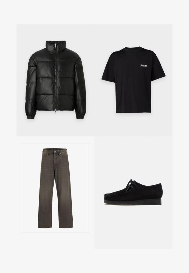 Must mustaga jakker, millel on kõrge krae, luku esikinnitus, tikanditud disain, elastsed mansetid ja läikiv, sile kangast viimistlus.; Must musta T-särk lühikeste varrukatega, ümar kaelus ja valge ja kuldse tekstiga vasakul rinnal trükk, millel on mugav lõige.; Laia säärtega sinimustad teksad tumeda halli denimi, kõrge talje, klassikalise viie tasku disaini ning kontrastsete õmblustega õmblustel.; Mustad nahast mustad kingad, ümmarguse varba disainiga, nööridega esiosaga ja tekstureeritud musta kummitaldaga. Siledast pealsest materjalist, peene õmbluse detailiga.