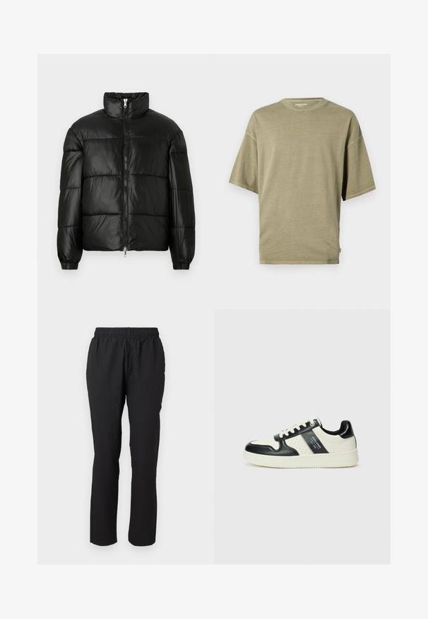 Casaco puffer preto com gola alta, fecho frontal em zíper, design acolchoado, punhos elásticos e acabamento de tecido brilhante e suave.; T-shirt de mangas curtas em verde-azeitona, feito de tecido suave, com decote redondo e um corte descontraído com costuras visíveis.; Calças leves, pretas, com uma cintura elástica, design de perna reta e tecido texturizado, sem fechos ou bolsos visíveis.; Ténis de couro com um esquema de cores em preto e creme, apresentando detalhes perfurados, um colarinho acolchoado e uma sola texturizada.