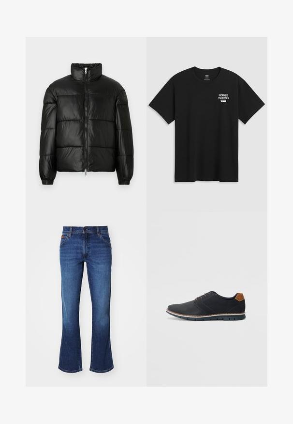Črna pufasta jakna z visokim ovratnikom, z zadrgo spredaj, prešito zasnovo, elastičnimi manšetami in sijočim, gladkim zaključkom tkanine.; Črna bombažna majica s tiskom na prsih, ki prebere "HOUSE PLANTS" v beli stilizirani pisavi, pod njim pa je zapisano "Levi's". Klasičen kroj z okroglim izrezom.; Modre flared jeans iz denima z visokim pasom, petimi žepi in rahlo svetlejšim odtenkom na stegnih. Ravna odprtina za noge.; Črne sintetične čevlje z teksturirano zgornjščino, gladkimi akcenti, rjavim petnim delom in kontrastnim podplatom. Imajo minimalno vezanje in detajle šivanja.