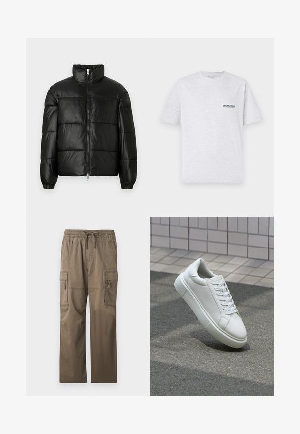 Must mustaga jakker, millel on kõrge krae, luku esikinnitus, tikanditud disain, elastsed mansetid ja läikiv, sile kangast viimistlus.; Hallide hall sleevesiga hall t-särk, millel vasakul rinna kohal on väike sinine "project core" logo, esitatud lihtsal taustal.; Karmsidemed tagasihoidlikus pruunis värvitoonis, millel on elastne vöökoht ja nööri tõmbamine, mitmed külgetaskud ning lõtv lõikekujundus.; Valge nahkline sneka, millel on sile pind, ümar varvas ja lame valge pael. Omab tekstuuriga kummist talla ja minimaalset kujunduselementi.