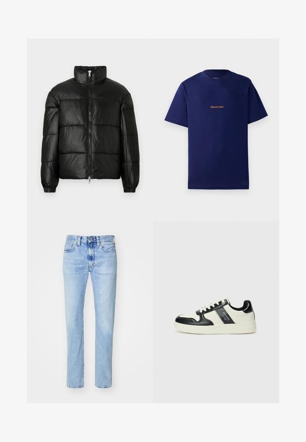 Črna pufasta jakna z visokim ovratnikom, z zadrgo spredaj, prešito zasnovo, elastičnimi manšetami in sijočim, gladkim zaključkom tkanine.; Temno modra bombažna majica s kratkimi rokavi. Ima majhen, oranžno vezen logotip na prsih. Klasična oblika s krožnim izrezom.; Svetlo modri denim kavbojki s ravnim krojem, visokim pasom, dvema prednjima žepoma, subtilnim pošvedrjanjem in klasičnim gumbom za zaponko.; Usnjeni športni čevlji z črno in krem barvno shemo, ki vključujejo perforirane dodatke, podložen ovratnik in strukturirano podplat.