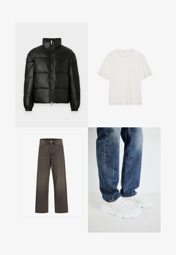 Black puffer jacket with a high collar, zip front closure, quilted design, elastic cuffs, and shiny, smooth fabric finish.; White cotton t-shirt with short sleeves, round neck, and contrasting stitching detail around the neckline and sleeves.; Wide-leg jeans in dark grey denim, featuring a high waist, classic five-pocket design, and contrasting stitching along the seams.; White athletic sneakers with textured panels and a thick sole, paired with blue denim jeans featuring a faded wash and straight leg cut.