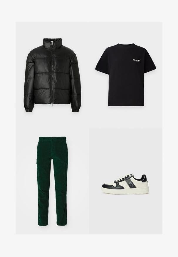 Schwarze Daunenjacke mit hohem Kragen, Reißverschluss vorne, gestepptem Design, elastischen Bündchen und glänzendem, glattem Stofffinish.; Schwarzes Baumwoll-T-Shirt mit Rundhalsausschnitt, kurzen Ärmeln und kleinem weißen Logotext auf der linken Brust. Schlichtes Design, klassischer Schnitt.; DOCKERS SLIM TAPERED - Cargohose - deep forest; Leder-Sneaker in Schwarz- und Cremetönen, mit perforierten Akzenten, einem gepolsterten Kragen und einer strukturierten Laufsohle.