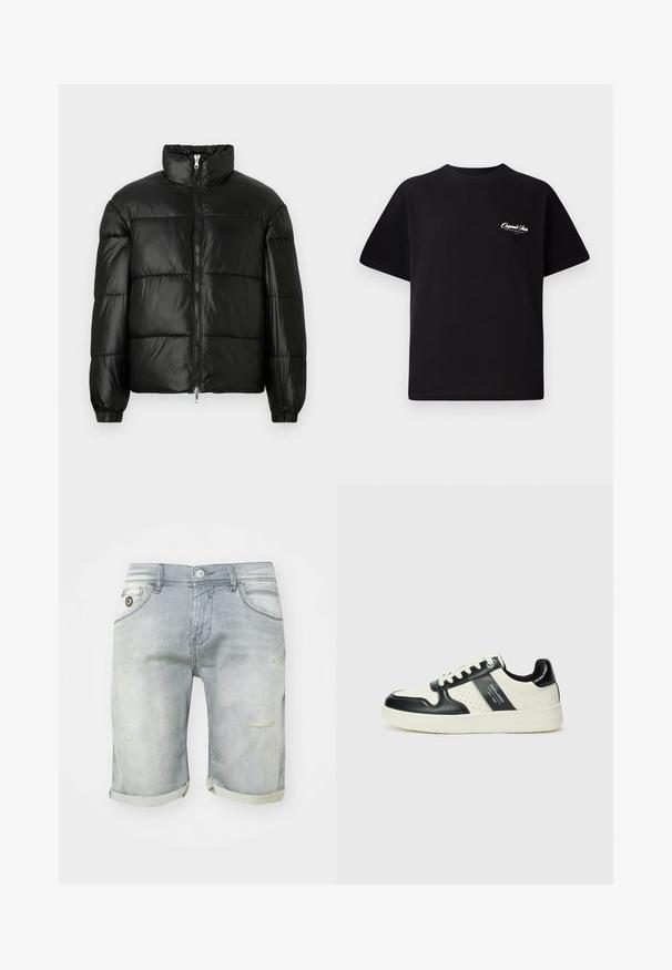 Crna puffer jakna s visokim ovratnikom, zatvaranjem na zip, quilted dizajnom, elastičnim manžetama i sjajnim, glatkim materijalom.; Crna pamučna majica s okruglim izrezom, kratkim rukavima i malim bijelim logotipom s lijeve strane na prsima. Jednostavan dizajn, klasičan kroj.; Svijetloplave traper kratke hlače s izblijeđenim pranjem, sručene manžete, prednjim džepovima i iznurenim detaljima na bedru. Zatvaranje gumbom na struku.; Kožne tenisice s crno-bijelom paletom boja, koje imaju perforirane akcentne detalje, podstavljeni ovratnik i teksturiranu potplat.