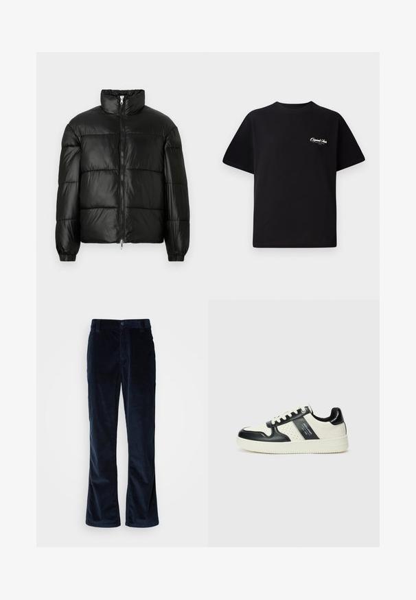 Casaco puffer preto com gola alta, fecho frontal em zíper, design acolchoado, punhos elásticos e acabamento de tecido brilhante e suave.; T-shirt de algodão preto com decote redondo, mangas curtas e pequeno texto de logo branco no lado esquerdo do peito. Design simples, corte clássico.; Calças de corduroy azul marinho com um design de perna reta, apresentando sulcos verticais, fecho de botão e bolsos frontais.; Ténis de couro com um esquema de cores em preto e creme, apresentando detalhes perfurados, um colarinho acolchoado e uma sola texturizada.