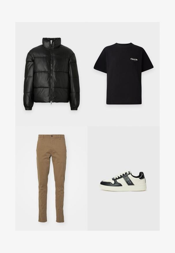 Schwarze Daunenjacke mit hohem Kragen, Reißverschluss vorne, gestepptem Design, elastischen Bündchen und glänzendem, glattem Stofffinish.; Schwarzes Baumwoll-T-Shirt mit Rundhalsausschnitt, kurzen Ärmeln und kleinem weißen Logotext auf der linken Brust. Schlichtes Design, klassischer Schnitt.; DOCKERS SMART SUPREME FLEX SKINNY - Chino - cub; Leder-Sneaker in Schwarz- und Cremetönen, mit perforierten Akzenten, einem gepolsterten Kragen und einer strukturierten Laufsohle.