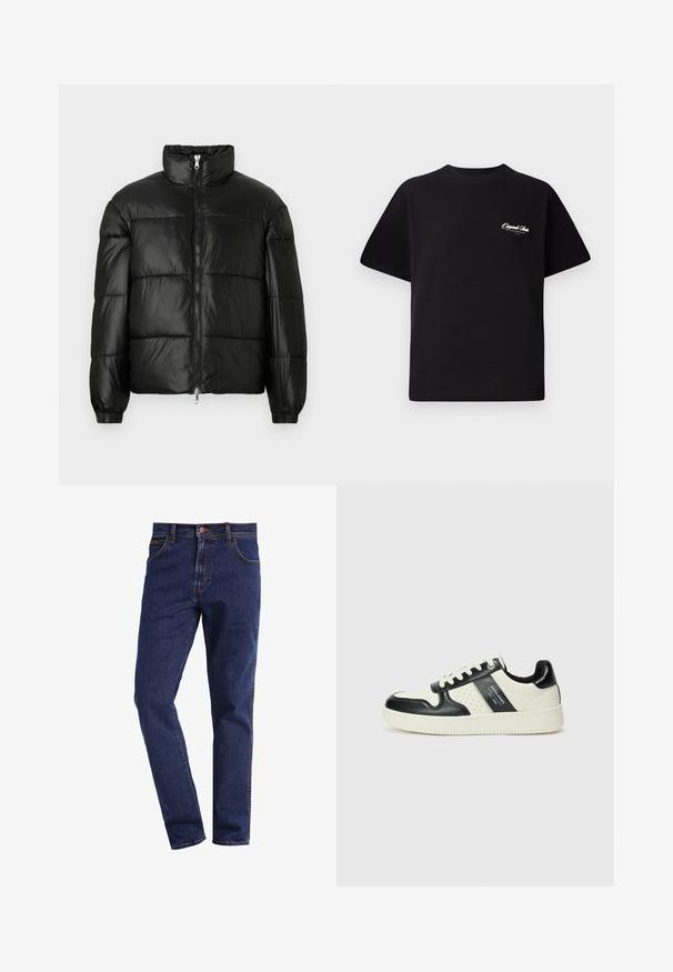 Svart pufferjakke med høy krage, glidelås foran, quiltet design, elastiske mansjetter og blank, glatt stofffinish.; Svart bomull t-skjorte med rund hals, korte ermer og liten hvit logo-tekst på venstre bryst. Enkel design, klassisk passform.; Mørkeblå rette denimjeans med frontlommer, knappestenging, beltesløyfer og synlig søm.; Lædersneakers med sort og creme farveskema, der har perforerede detaljer, en polstret krave og en struktureret ydersål.