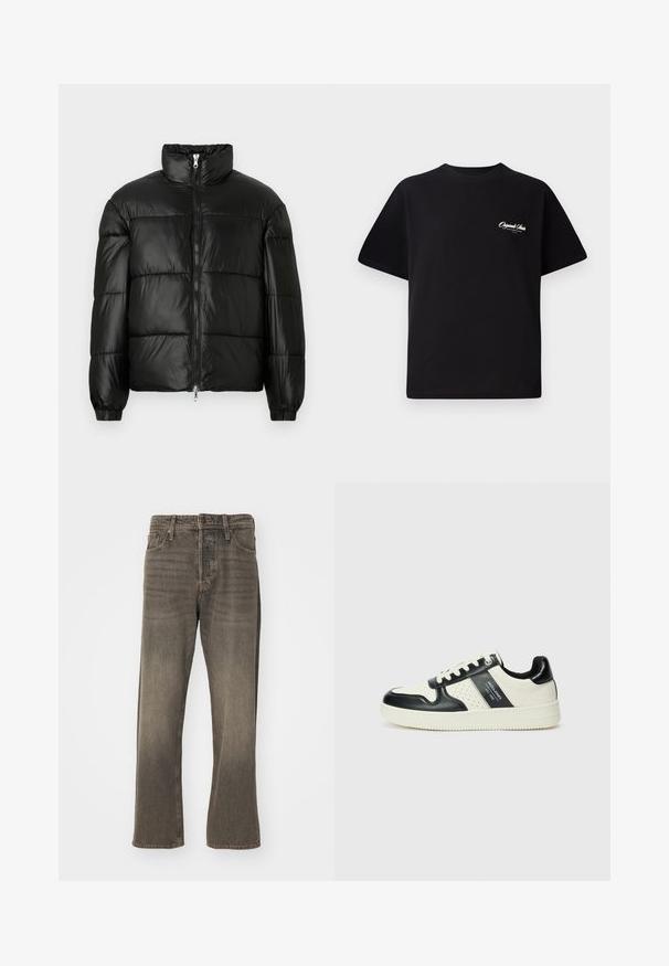 Crna puffer jakna s visokim ovratnikom, zatvaranjem na zip, quilted dizajnom, elastičnim manžetama i sjajnim, glatkim materijalom.; Crna pamučna majica s okruglim izrezom, kratkim rukavima i malim bijelim logotipom s lijeve strane na prsima. Jednostavan dizajn, klasičan kroj.; Smeđe traperice s ravnim nogavicama, koje imaju izblijedjeli izgled, tradicionalni stil s pet džepova i zatvaranje na metalnu tipku.; Kožne tenisice s crno-bijelom paletom boja, koje imaju perforirane akcentne detalje, podstavljeni ovratnik i teksturiranu potplat.