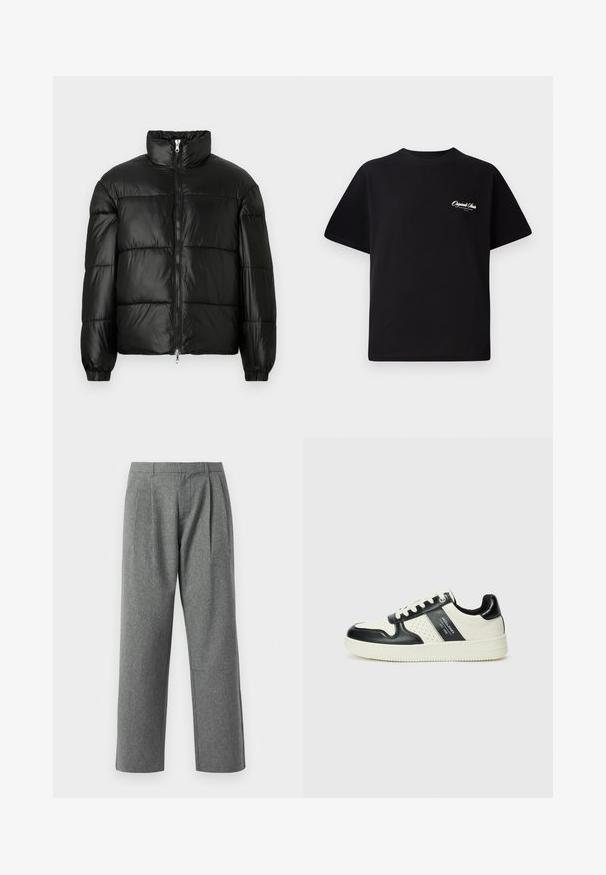 Crna puffer jakna s visokim ovratnikom, zatvaranjem na zip, quilted dizajnom, elastičnim manžetama i sjajnim, glatkim materijalom.; Crna pamučna majica s okruglim izrezom, kratkim rukavima i malim bijelim logotipom s lijeve strane na prsima. Jednostavan dizajn, klasičan kroj.; Sive hlače ravnog kroja napravljene od teksturirane tkanine, s nabranima sprijeda i osnovnim pojasom, bez vidljivih džepova.; Kožne tenisice s crno-bijelom paletom boja, koje imaju perforirane akcentne detalje, podstavljeni ovratnik i teksturiranu potplat.