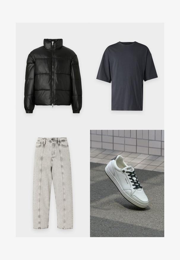 Doudoune noire avec un col montant, fermeture éclair sur le devant, design matelassé, poignets élastiques et finition en tissu lisse et brillant.; T-shirt à manches courtes gris foncé en coton léger, avec une coupe ample et un col rond classique, présentant une texture unie et sans motifs.; Jean grise taille haute avec une coupe ample, présentant un design à jambe droite, des coutures visibles et une texture usée.; Baskets en cuir blanc avec un bout perforé, lacets noirs et accent au niveau du talon. Présente une marque "REPLAY" et une semelle en caoutchouc solide.