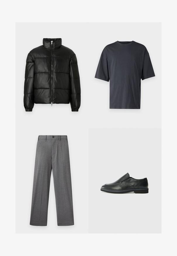 Black puffer jacket with a high collar, zip front closure, quilted design, elastic cuffs, and shiny, smooth fabric finish.; Dark gray short-sleeve t-shirt made of lightweight cotton, featuring a loose fit and classic crew neckline, with plain texture and no patterns.; Gray, wide-leg trousers made of textured fabric with a button closure, side pockets, and sharp crease detailing along the legs.; Black leather slip-on shoe with a smooth upper, stitched accents, rounded toe, and a low rubber heel. Sole features minimal tread.