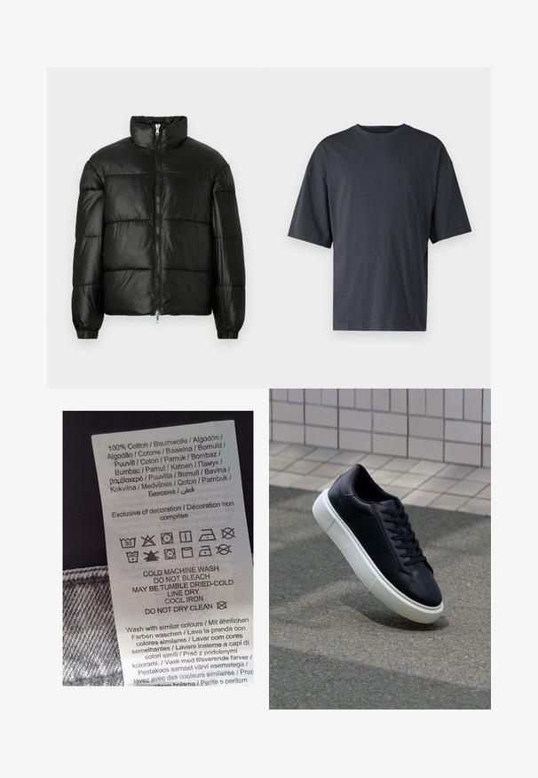 Čierna páperová bunda s vysokým golierom, predným zipsom, prešívaným dizajnom, elastickými manžetami a lesklým hladkým materiálom.; Tmavošedé tričko s krátkym rukávom vyrobené z ľahkého bavlneného materiálu, s voľným strihom a klasickým okrúhlym výstrihom, bez vzoru a s hladkou textúrou.; Biely štítok s čiernym textom, ktorý uvádza pokyny na údržbu v niekoľkých jazykoch. Obsahuje symboly na pranie, sušenie a žehlenie. 100% bavlna.; Čierne kožené tenisky s okrúhlou špičkou a bielou gumovou podrážkou. Majú ploché šnúrky a minimálne šitie na vrchu. Textúrovaná podrážka pre lepšiu priľnavosť.