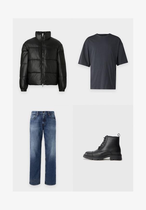 Casaco puffer preto com gola alta, fecho frontal em zíper, design acolchoado, punhos elásticos e acabamento de tecido brilhante e suave.; T-shirt de manga curta, cinza escuro, feita de algodão leve, com um corte solto e decote redondo clássico, com textura lisa e sem padrões.; Jeans de ganga azuis para homem com um design de perna reta, desbotamento suave, cinco bolsos e fecho de botão.; Bota de tornozelo em couro preto com cadarço, sola grossa, detalhes de costura, logótipo da marca na lateral e alça na parte de trás.