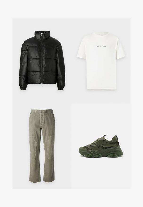 Black puffer jacket with a high collar, zip front closure, quilted design, elastic cuffs, and shiny, smooth fabric finish.; White cotton t-shirt with short sleeves and a crew neck. Centered text reads "WELCOME TO PARADISE" in a curved green font.; Olive green pants made of cotton with a straight-leg design, featuring ribbed accents on patch pockets and contrasting stitching.; Olive green sneakers with a mix of smooth and mesh materials, featuring a chunky sole, textured accents, and lace-up design.