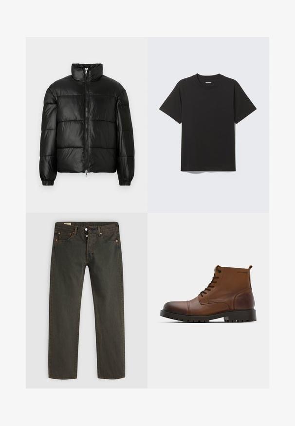 Casaco puffer preto com gola alta, fecho frontal em zíper, design acolchoado, punhos elásticos e acabamento de tecido brilhante e suave.; T-shirt preta de manga curta feita de algodão macio, com decote redondo e design simples sem padrões ou detalhes.; Jeans verde-escuro feitos de denim, apresentando um design de perna reta, cinco bolsos, acessórios em tom cobre e um padrão de lavagem sutil.; Botas de tornozelo em pele castanha com bico redondo, atacadores pretos e sola de borracha texturizada. Apresenta detalhe do logo na lateral e acabamento suave.