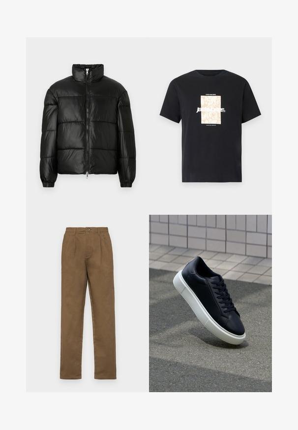 Schwarze Daunenjacke mit hohem Kragen, Reißverschluss vorne, gestepptem Design, elastischen Bündchen und glänzendem, glattem Stofffinish.; Schwarzes Baumwoll-T-Shirt mit Rundhalsausschnitt. Hat eine beige rechteckige Grafik und weißen Text "JAWO", zentriert auf der Vorderseite. Kurze Ärmel.; Braune Baumwollhose mit geradem Schnitt, ausgestattet mit einem Knopfverschluss, Gürtelschlaufen und scharfen Falten an der Vorderseite.; Schwarze Leder-Sneaker mit runder Zehenpartie und weißer Gummisohle. Verfügt über flache Schnürsenkel und minimale Nähte im Obermaterial. Strukturiertes Sohlenprofil für besseren Halt.