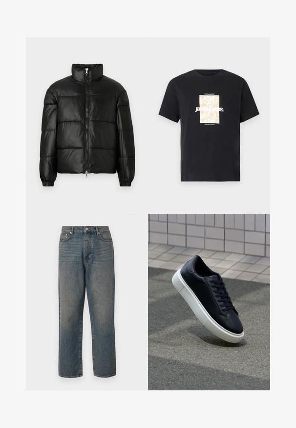 Chaqueta de pluma negra con un cuello alto, cierre frontal con cremallera, diseño acolchado, puños elásticos y acabado de tela brillante y suave.; Camiseta de algodón negra con cuello redondo. Presenta un gráfico rectangular beige y texto blanco, "JAWO," centrado en la parte delantera. Mangas cortas.; Jeans de mezclilla azul clásico, diseño de pierna recta con un acabado desgastado, estilo de cinco bolsillos, cierre con cremallera y botón, y detalles de costura visibles.; Zapatilla de cuero negro con punta redonda y suela de goma blanca. Presenta cordones planos y un mínimo de costuras en la parte superior. Suela texturizada para proporcionar agarre.