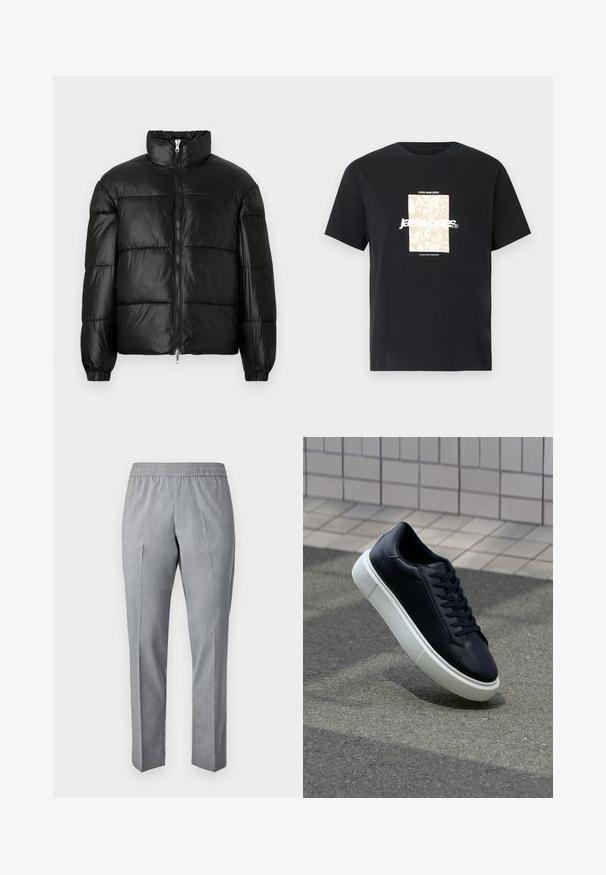 Czarna kurtka puchowa z wysokim kołnierzem, zapięciem na zamek błyskawiczny z przodu, pikowanym wzorem, elastycznymi mankietami oraz błyszczącym, gładkim wykończeniem materiału.; Czarny bawełniany t-shirt z okrągłym dekoltem. Posiada beżowy prostokątny grafik oraz biały tekst "JAWO," umieszczony na środku z przodu. Krótkie rękawy.; Szare, wove spodnie z elastycznym paskiem, prostym krojem i z kantem z przodu. Tekstura materiału wydaje się gładka i lekka.; Czarne skórzane sneakersy z okrągłym noskiem i białą gumową podeszwą. Posiadają płaskie sznurowadła i minimalne przeszycia na cholewce. Teksturowana podeszwa zapewnia przyczepność.