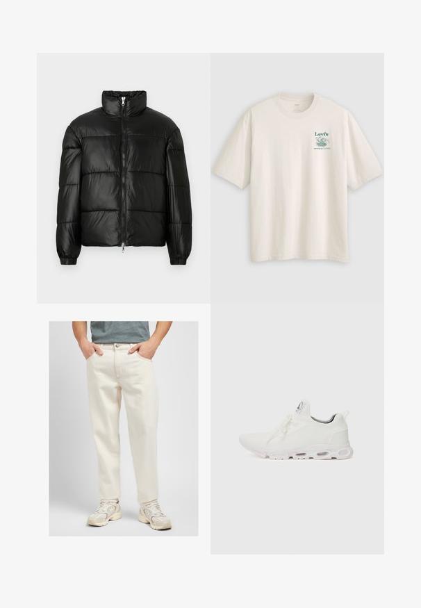 Casaco puffer preto com gola alta, fecho frontal em zíper, design acolchoado, punhos elásticos e acabamento de tecido brilhante e suave.; T-shirt branca de algodão com mangas curtas, com o logótipo e texto verde da Lev's no lado esquerdo do peito. Corte descontraído, textura suave.; Lee OSCAR - Calças de ganga de corte relaxado - off white; Ténis atléticos brancos com um superior em malha texturizada, atacadores planos e uma sola acolchoada com câmaras de ar visíveis para maior suporte.