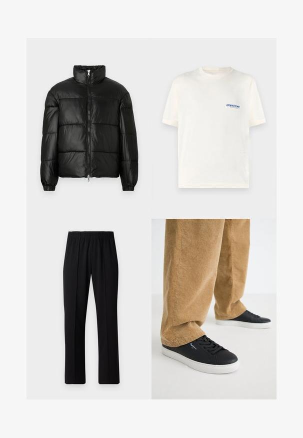 Must mustaga jakker, millel on kõrge krae, luku esikinnitus, tikanditud disain, elastsed mansetid ja läikiv, sile kangast viimistlus.; Kreem värvi lühikeste varrukatega T-särk, mis on valmistatud pehmest puuvillast ja millel on vasakul rinnakorvil väike sinine trükitud logo. Klassikaline ümmargune kaelus.; Mustad, elastse puusärgid sirge säärega, mis on sileda tekstuuriga ja ilma nähtavate mustrite või riistadega.; Mustade nahast tossud, millel on valged kummised põhjapidemed. Kanda koos beeži soonikuga pükstega, millel on vertikaalsed sooned ja lõtv lõige.