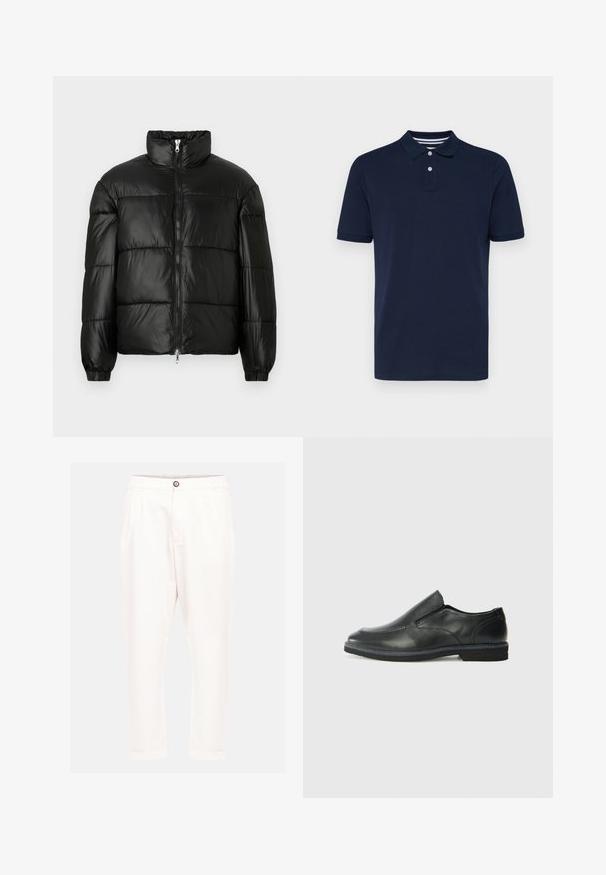 Geacă neagră din material puffy, cu guler înalt, închidere cu fermoar pe față, design matlasat, mansete elastice și finisaj din țesătură lucioasă și netedă.; Polo cu mânecă scurtă, de culoare albastru închis, fabricat din bumbac, având un guler cu trei butoane și dungi orizontale subtile pe guler.; Pantaloni din bumbac alb cu o croială lejeră, având un sistem de închidere cu buton pe față, două buzunare laterale și tivuri întoarse. Textură netedă și linii curate.; Pantof de piele neagră, tip slip-on, cu un superior neted, accente cusute, vârf rotunjit și un toc jos din cauciuc. Talpa are un profil minim de aderență.