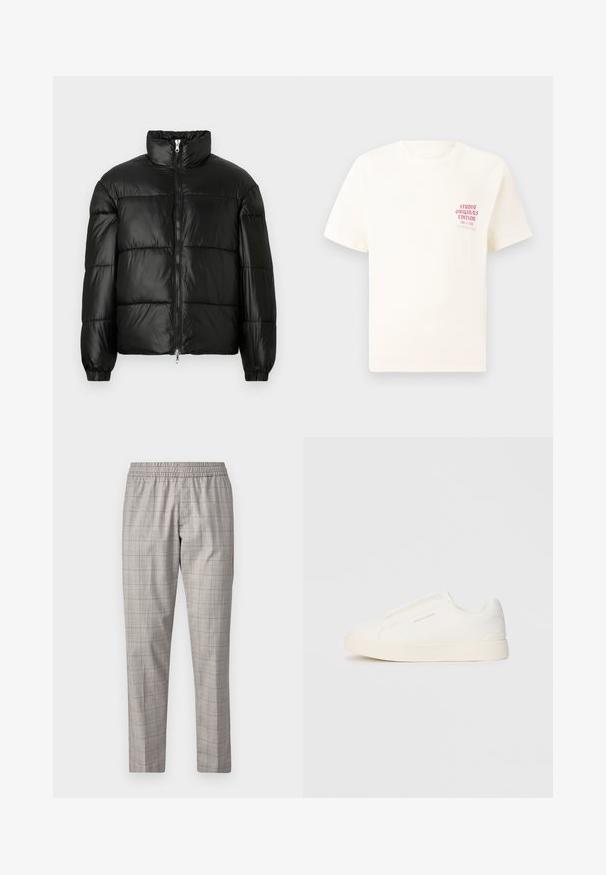 Schwarze Daunenjacke mit hohem Kragen, Reißverschluss vorne, gestepptem Design, elastischen Bündchen und glänzendem, glattem Stofffinish.; Weißes T-Shirt mit kurzen Ärmeln und rotem Text "Studio Originals Edition" auf der linken Brust, präsentiert vor einem neutralen grauen Hintergrund.; Jack & Jones PREMIUM STKANE EDWIN - Stoffhose - otter; Weiße Slip-On-Sneaker mit einer strukturierten Oberfläche, dicker Sohle und minimalistischem Design. Mit Logo der Marke an der Seite.