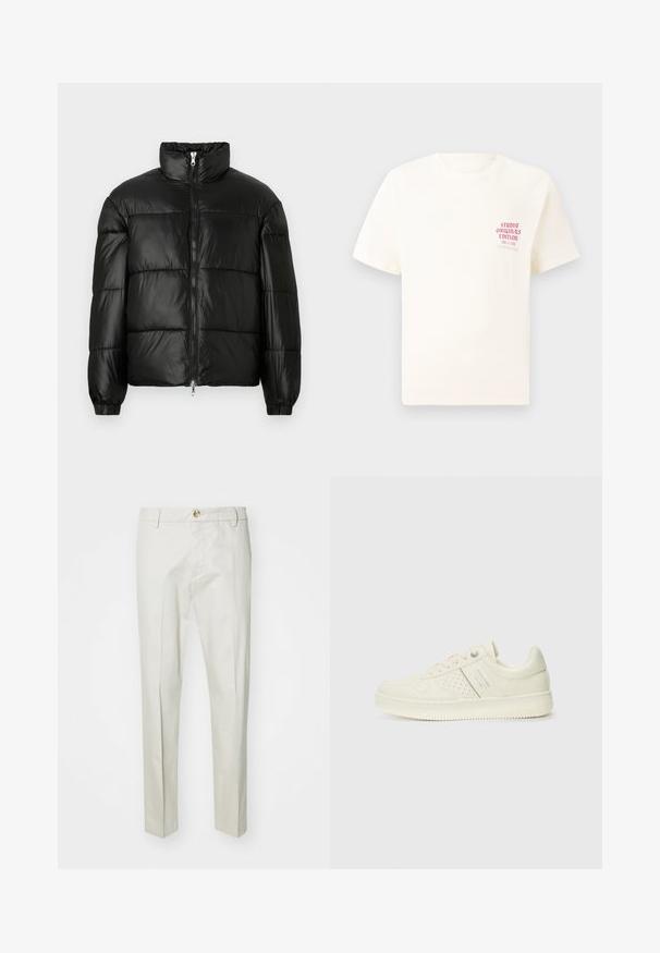 Czarna kurtka puchowa z wysokim kołnierzem, zapięciem na zamek błyskawiczny z przodu, pikowanym wzorem, elastycznymi mankietami oraz błyszczącym, gładkim wykończeniem materiału.; Biała koszulka z krótkim rękawem z czerwonym napisem "Studio Originals Edition" po lewej stronie klatki piersiowej, wyeksponowana na neutralnym szarym tle.; Jasno beżowe spodnie wykonane z miękkiej, teksturowanej tkaniny. Posiadają zapięcie na guzik, paski i proste nogawki. Czysty, dopasowany design.; Kremowe sneakersy z perforowanymi detalami, sznurowadłami i logo z boku, prezentowane na jednolitym białym tle.