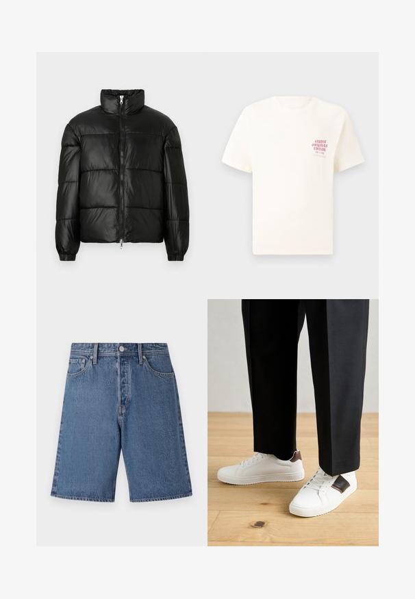 Czarna kurtka puchowa z wysokim kołnierzem, zapięciem na zamek błyskawiczny z przodu, pikowanym wzorem, elastycznymi mankietami oraz błyszczącym, gładkim wykończeniem materiału.; Biała koszulka z krótkim rękawem z czerwonym napisem "Studio Originals Edition" po lewej stronie klatki piersiowej, wyeksponowana na neutralnym szarym tle.; Jasnoniebieskie szorty dżinsowe o wygaszonej fakturze, pięć kieszeni, z zapięciem na guzik w talii.; Białe trampki o gładkiej fakturze, z brązowymi skórzanymi akcentami i czarnymi detalami, zestawione z czarnymi eleganckimi spodniami. Tło stanowi drewniana podłoga.