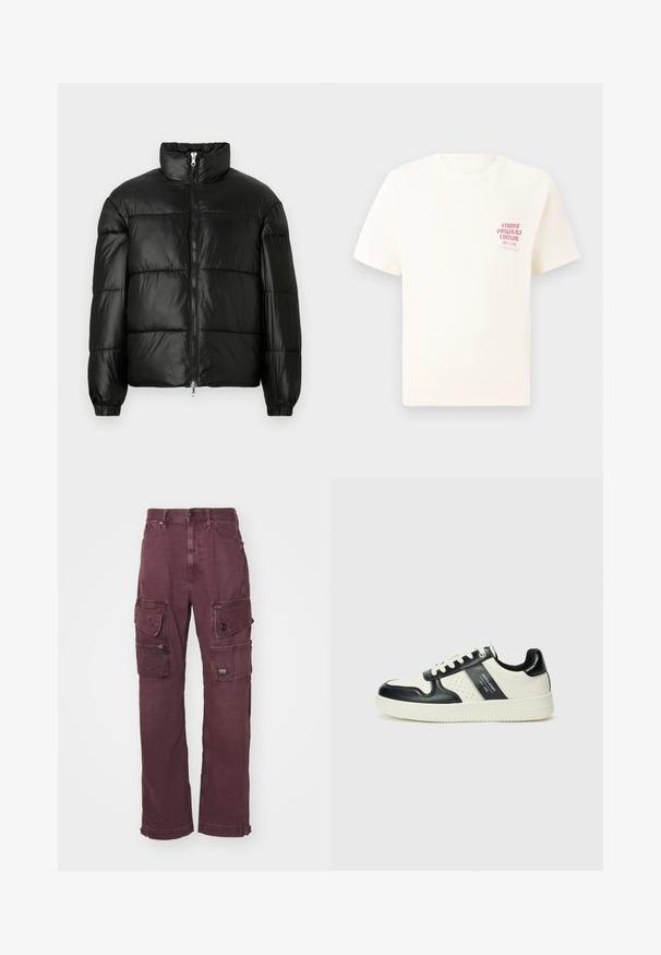 Melna pūkainā jaka ar augstu apkakli, rāvējslēdzēja priekšējo aizdari, quilted dizainu, elastīgām piedurknēm un spīdīgu, gludu auduma apdari.; Balts īsām piedurknēm T-krekls ar sarkanu tekstu "Studio Originals Edition" uz kreisā krūšu, pakārtots neitrālā pelēkā fonā.; G-STAR UTILITY CARGO - Brīva piegriezuma džinsi - faded autumn leaves gd; Ādas sporta apavi ar melnbaltu krāsu shēmu, ar perforētiem akcentiem, mīkstinātu apkakli un teksturētu zoli.