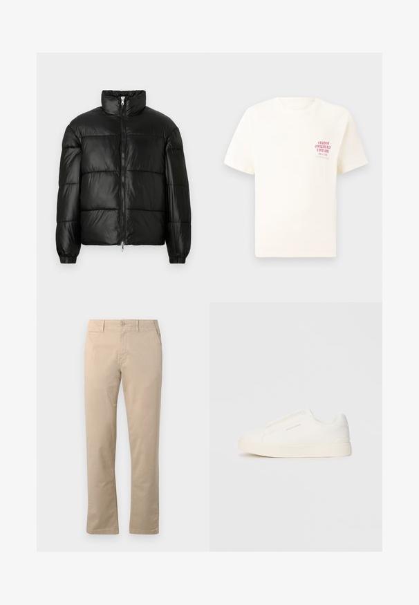 Schwarze Daunenjacke mit hohem Kragen, Reißverschluss vorne, gestepptem Design, elastischen Bündchen und glänzendem, glattem Stofffinish.; Weißes T-Shirt mit kurzen Ärmeln und rotem Text "Studio Originals Edition" auf der linken Brust, präsentiert vor einem neutralen grauen Hintergrund.; Beige Chinos aus Baumwolle, mit geradem Bein, traditionellem Knopfverschluss und seitlichen Taschen mit sauberer Naht.; Weiße Slip-On-Sneaker mit einer strukturierten Oberfläche, dicker Sohle und minimalistischem Design. Mit Logo der Marke an der Seite.