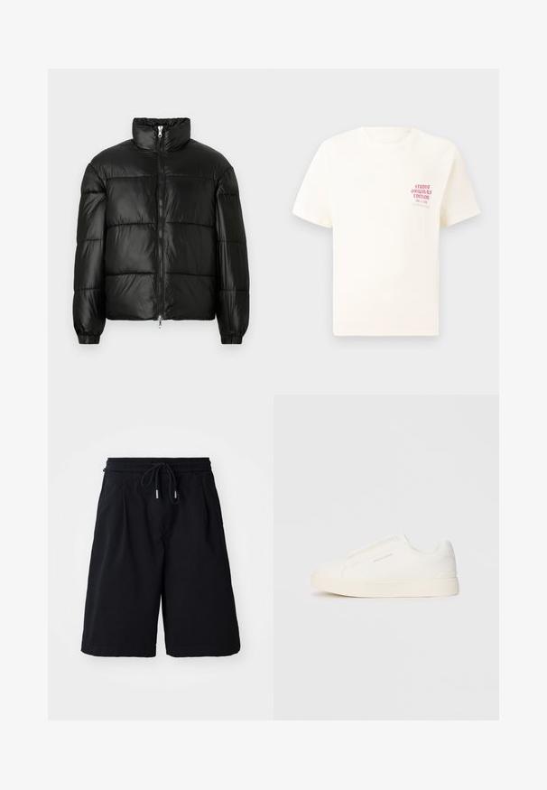 Black puffer jacket with a high collar, zip front closure, quilted design, elastic cuffs, and shiny, smooth fabric finish.; White short-sleeve T-shirt with red text "Studio Originals Edition" on left chest, displayed on a neutral gray background.; Black shorts with an elastic waistband and drawstring, made from lightweight material. Features a relaxed fit and no visible patterns or accents.; White slip-on sneakers with a textured surface, a thick sole, and minimalistic design. Features brand logo on the side.