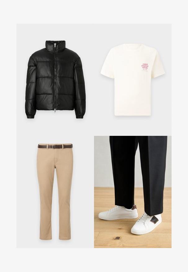 Must mustaga jakker, millel on kõrge krae, luku esikinnitus, tikanditud disain, elastsed mansetid ja läikiv, sile kangast viimistlus.; Valge lühikeste varrukatega T-särk, millel on vasakul rinnal punane tekst "Studio Originals Edition", esitatud neutraalsel hallil taustal.; Khaki sirge tuleh, mis on valmistatud puuvillast, ja millega on kaasas pruun nahkne vöö hõbedase pandliga. Sile tekstuur, mustreid pole.; Valged sneakersid siledat tekstuurist, millel on pruunad nahast detailid ja mustad aksessuaarid, millele on sobitatud mustad kohandatud püksid. Puitpõranda taust.