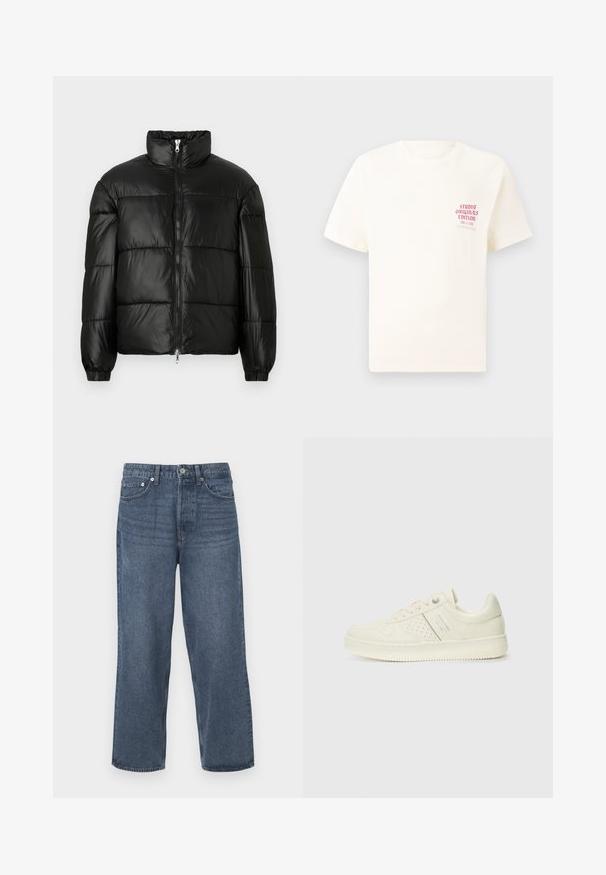 Doudoune noire avec un col montant, fermeture éclair sur le devant, design matelassé, poignets élastiques et finition en tissu lisse et brillant.; T-shirt blanc à manches courtes avec le texte rouge "Édition Originals du Studio" sur la poitrine gauche, présenté sur un fond gris neutre.; Jean en denim bleu foncé avec une coupe droite, cinq poches et une fermeture à bouton. Présente un léger délavage et une coupe classique.; Sneaker couleur crème avec des détails perforés, des lacets et un logo sur le côté, présenté sur un fond blanc uni.