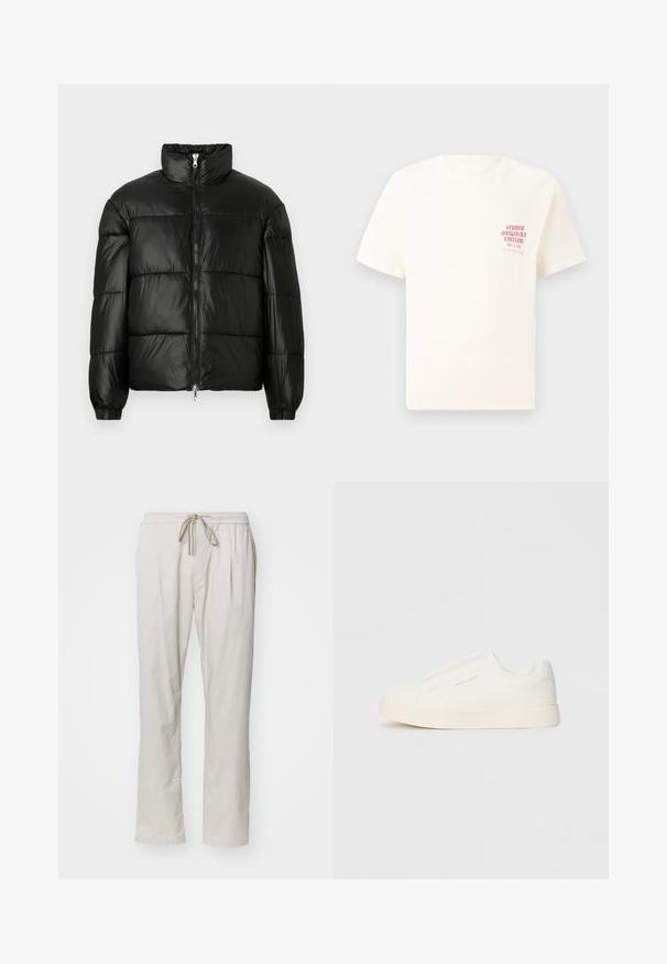 Doudoune noire avec un col montant, fermeture éclair sur le devant, design matelassé, poignets élastiques et finition en tissu lisse et brillant.; T-shirt blanc à manches courtes avec le texte rouge "Édition Originals du Studio" sur la poitrine gauche, présenté sur un fond gris neutre.; Pantalons légers beige clair, avec une taille élastique et un cordon de serrage. Comprend deux poches latérales et une coupe droite.; Baskets blanches sans lacets avec une surface texturée, une semelle épaisse et un design minimaliste. Présente le logo de la marque sur le côté.