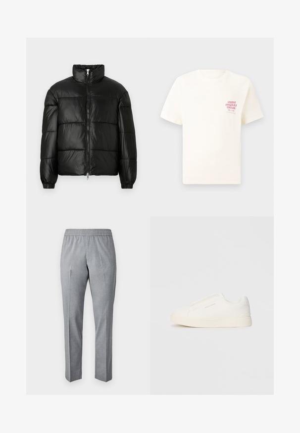 Crna puffer jakna s visokim ovratnikom, zatvaranjem na zip, quilted dizajnom, elastičnim manžetama i sjajnim, glatkim materijalom.; Bijela kratka majica s kratkim rukavima s crvenim natpisom "Studio Originals Edition" na lijevoj strani grudi, prikazana na neutralnoj sivoj pozadini.; Sive, tkanine hlače s elastičnom trakom u struku, ravnog kroja i nabora sprijeda. Tekstura tkanine djeluje glatko i lagano.; Bijele slip-on tenisice s teksturiranom površinom, debelim đonom i minimalističkim dizajnom. Sadrže logo branda sa strane.