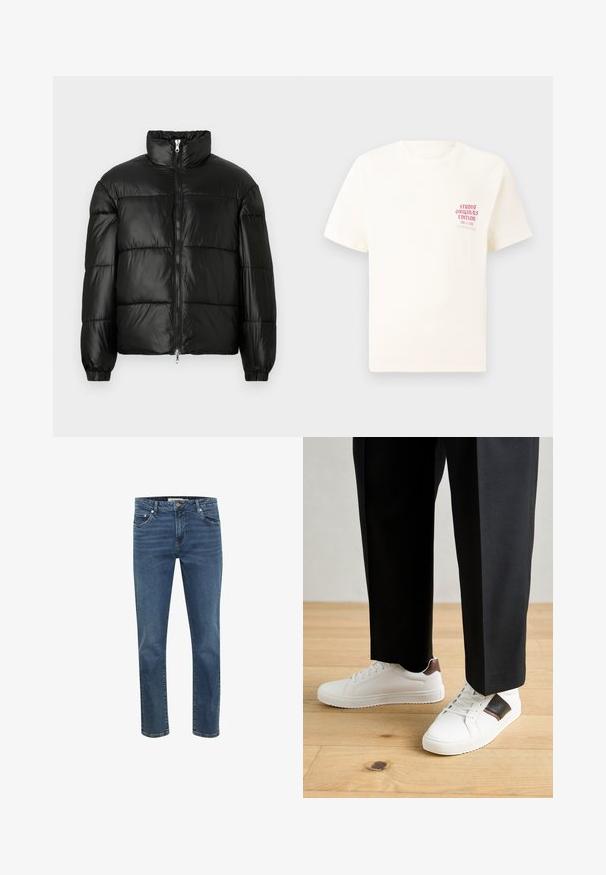 Chaqueta de pluma negra con un cuello alto, cierre frontal con cremallera, diseño acolchado, puños elásticos y acabado de tela brillante y suave.; Camiseta blanca de manga corta con el texto rojo "Edición de Studio Originals" en el lado izquierdo del pecho, exhibida sobre un fondo gris neutro.; Jeans de mezclilla en azul oscuro con corte recto, cinco bolsillos y costuras en contraste. Cuenta con una cremallera y un botón de metal en la cintura.; Zapatillas blancas con textura suave, con acentos de cuero marrón y detalles en negro, combinadas con pantalones negros ajustados. Fondo de suelo de madera.