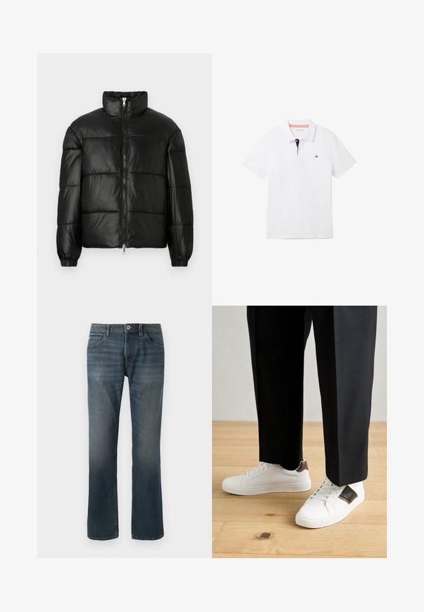 Must mustaga jakker, millel on kõrge krae, luku esikinnitus, tikanditud disain, elastsed mansetid ja läikiv, sile kangast viimistlus.; Valge polosärk musta kaelusega, millel on oranž ääreline, lühikesed varrukad ja väike logo rinnal. Valmistatud hingavast puuvillasegistusest.; Tumedad sinised teksad sirge jala kujundusega. Omadusteks on viis taskut, kontrastne õmblus ning esi-painutatud nööp ja lukustus.; Valged sneakersid siledat tekstuurist, millel on pruunad nahast detailid ja mustad aksessuaarid, millele on sobitatud mustad kohandatud püksid. Puitpõranda taust.