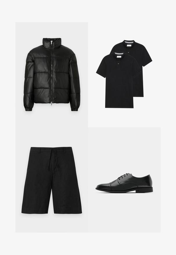 Crna puffer jakna s visokim ovratnikom, zatvaranjem na zip, quilted dizajnom, elastičnim manžetama i sjajnim, glatkim materijalom.; Dva crna polo majice, kratki rukavi, pamučni materijal, sa klasičnom ovratnikom, čepom sa dva gumba i bijelim prugastim detaljima unutar ovratnika.; Crne lanene kratke hlače s opuštenim krojem, elastičnim pojasom i bez vidljivih uzoraka. Tkanina izgleda lagano s blago teksturiranim završetkom.; Crne kožne cipele s okruglim prstom, s vezanjem, suptilnim detaljima šivanja i niskim potplatima. Glatka tekstura s poliranim finišem.