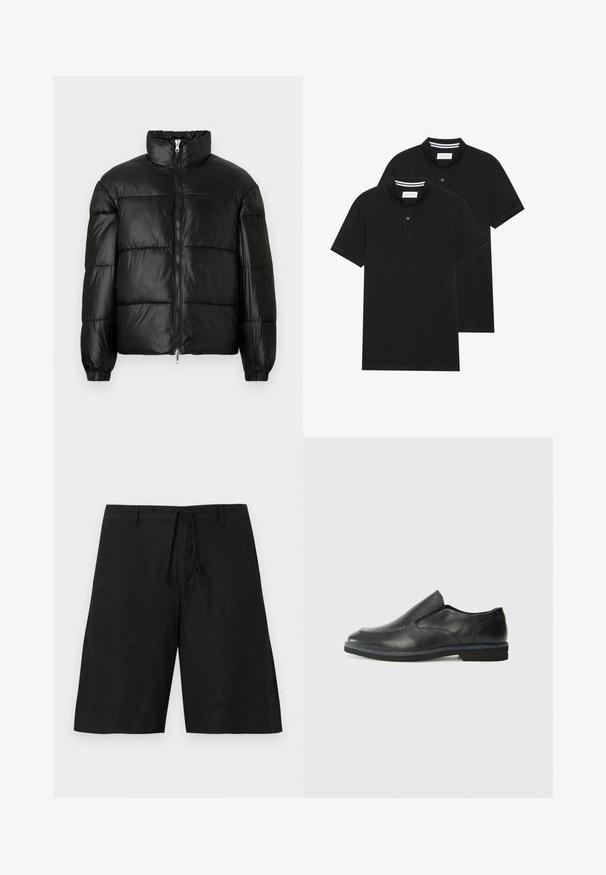 Črna pufasta jakna z visokim ovratnikom, z zadrgo spredaj, prešito zasnovo, elastičnimi manšetami in sijočim, gladkim zaključkom tkanine.; Dve črne polo majice, kratke rokave, iz bombažnega materiala, z klasik ovratnikom, dvobodno zaponko in belimi črtkami znotraj ovratnika.; Črne lanene hlače s sproščenim fitom, elastičnim pasom in brez vidnih vzorcev. Tkanina se zdi lahka z rahlo teksturirano površino.; Črne usnjene natikače z gladkim zgornjim delom, prišitimi detajli, zaobljenim nosom in nizkim gumijastim petkom. Podplat ima minimalen profil.