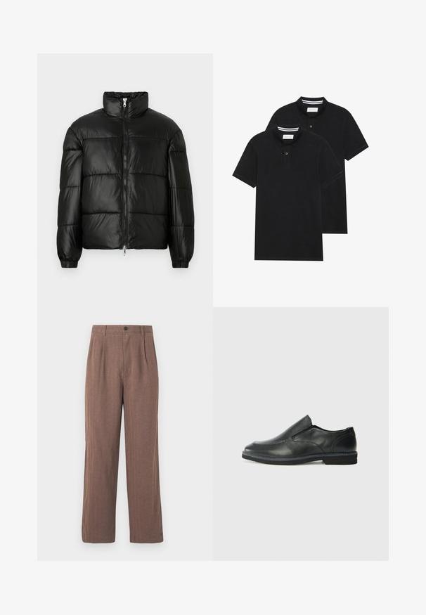 Must mustaga jakker, millel on kõrge krae, luku esikinnitus, tikanditud disain, elastsed mansetid ja läikiv, sile kangast viimistlus.; Kaks musta polo särki, lühikeste varrukatega, puuvillane materjal, klassikalise kraega, kahe nupuga kinnitusega, valgete triipudega krae sisepinnal.; Pruunid, laiad püksid, mis on valmistatud tekstuuriga kangast ja millel on volangid ning nööbi sulgemine vöökoht. Kohandatud disain puhaste joontega.; Must musta laia suuga king, millel on sile ülemine osa, õmmeldud detailid, ümmargune nina ja madal kummist konts. Tallal on minimaalne mustr.