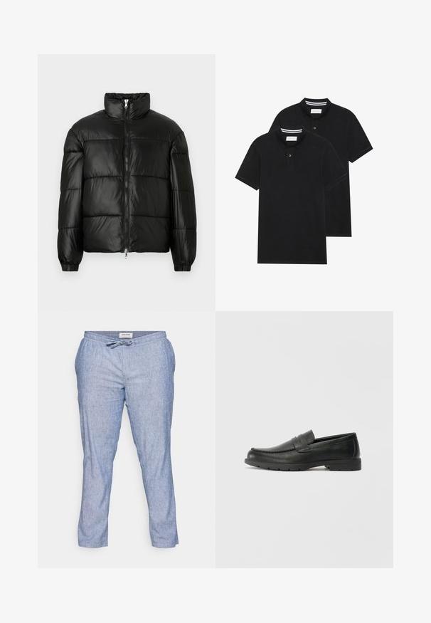 Svart pufferjakke med høy krage, glidelås foran, quiltet design, elastiske mansjetter og blank, glatt stofffinish.; To svarte polo skjorter, kortermet, i bomullsmateriale, med krage i klassisk stil, to-knapps knappestolpe, og hvite striper inni kragen.; Jack & Jones STACE JJBREEZE - Bukse - blue; Svart skinnloafers med glatt finish, mokkasin-stil overdel, broderte detaljer og gummisåle. Klassisk design med lav hæl.
