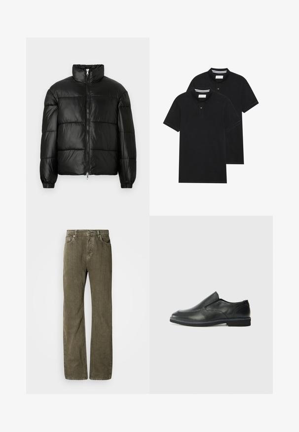 Svart pufferjakke med høy krage, glidelås foran, quiltet design, elastiske mansjetter og blank, glatt stofffinish.; To svarte polo skjorter, kortermet, i bomullsmateriale, med krage i klassisk stil, to-knapps knappestolpe, og hvite striper inni kragen.; Oliven grønn straight-leg jeans, laget av teksturert bomullsstoff. Har fem lommer, metallknapp-lukking og subtile vertikale sømmer.; Sorte skinn slip-on sko med en jevn overflate, stikking detaljer, rund tå og en lav gummihæl. Sålen har minimal mønstring.